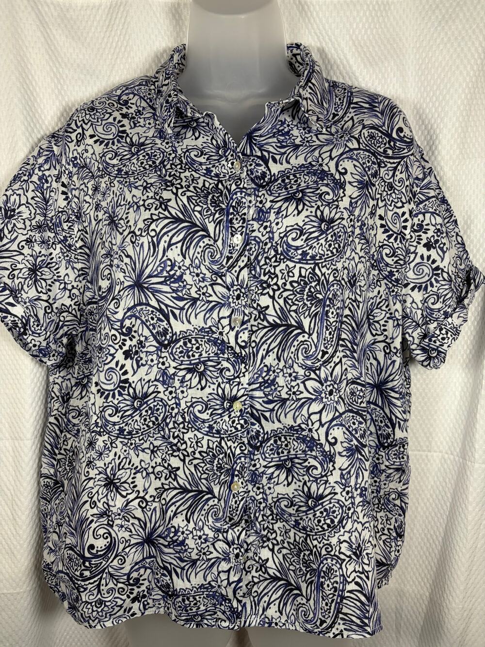 Sigrid Olsen Blue/White floral linen button up shirt EUC